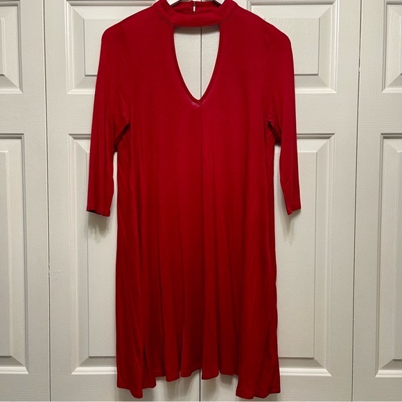 3/15 💚 Nordstrom Want & Need Red Cut Out Keyhole 3/4 Sleeve Mini Swing Dress M - Picture 5 of 8